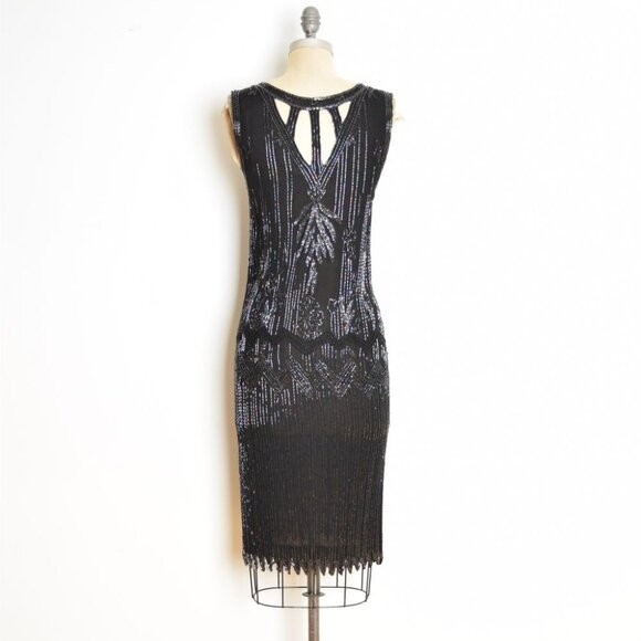 vintage 80s flapper dress black silk sequin beaded cutout cocktail party prom XS - Picture 7 of 10